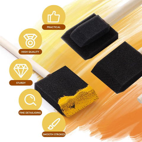 Massive 120 Piece Bulk Crate Of Two Inch Foam Paint Brushes With Tough Wood Handles showing black foam heads on painted surface.