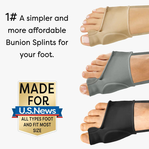 Three bunion correctors in beige, grey, and black showing ergonomic design and fit for overlapping big toes and hallux valgus pain relief.