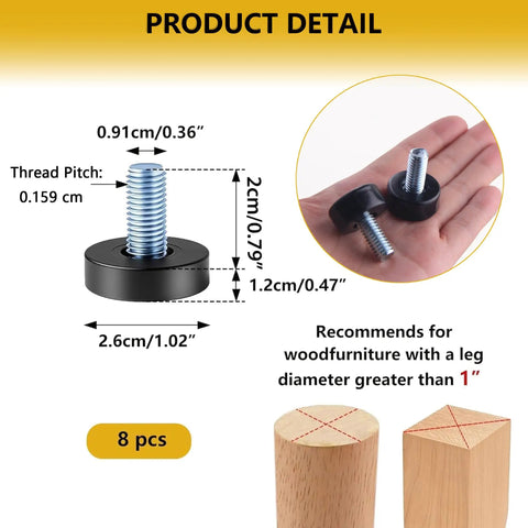 8 Adjustable Furniture Levelers With 3/8 16 Unc Threads For Tables Chairs Cabinets Shelves And Sofas Featuring Heavy Duty Nylon Floor Protectors, showing dimensions and details in hand.