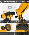 Cordless HVLP paint sprayer showcasing easy-lock system and motor protection, featuring a dust-proof sponge and cooling vents.