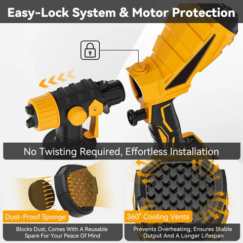 Cordless HVLP paint sprayer showcasing easy-lock system and motor protection, featuring a dust-proof sponge and cooling vents.