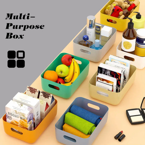 7 Pack Clear Storage Bins Easy Grab Four Point Two Liter filled with assorted household items on display.