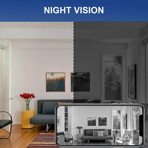 Room view showcasing Three Pack Mini Security Cameras With 1080P HD WiFi For Indoor Outdoor Use 150 Degree Wide Angle night vision feature.
