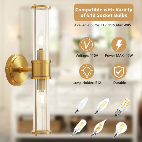 Gold Aluminum Wall Sconce With Cut Glass Shade, Up And Down Lighting, shown with compatible E12 socket bulbs, modern design
