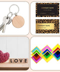 Laser material kit contents: 4 items, wooden keychain, leopard cards, pink string heart with LOVE blocks, diamonds.