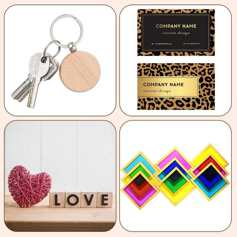 Laser material kit contents: 4 items, wooden keychain, leopard cards, pink string heart with LOVE blocks, diamonds.