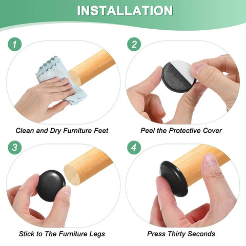 Installation steps for Heavy Duty Self Stick Furniture Sliders 24 Pack Black Eva Foam Felt Pads, showing cleaning and applying process.