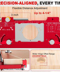 Metal Concealed Hinge Jig With Built In Screw Hole Guide showing flexible distance adjustments and offset conversions