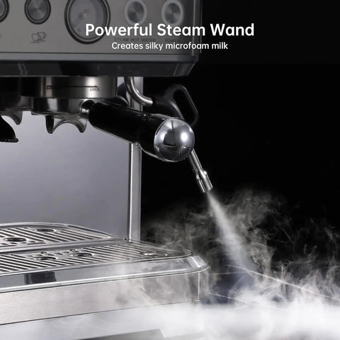 Game Changer Espresso Maker With Adjustable Built In Grinder And Auto Milk Frother steam wand creating silky microfoam for espresso.