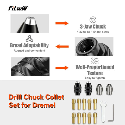 Sixteen Piece Drill Chuck Collet Set For Rotary Tools 0.8 To 3.2 Millimeter Range Replacement 4486 Keyless Bit Chuck Shank Quick Change Adapter Kit