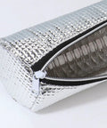 Insulated Bottle Cooler Bag and Thermal Tote with Triple Layer Insulation to Keep Your Morning Sips Frosty or Steaming Hot for Hours while Blocking Moisture and Drip Drama on the Go, silver exterior with zipper.