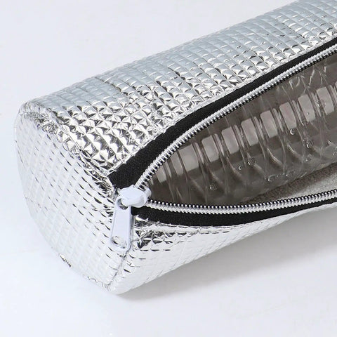 Insulated Bottle Cooler Bag and Thermal Tote with Triple Layer Insulation to Keep Your Morning Sips Frosty or Steaming Hot for Hours while Blocking Moisture and Drip Drama on the Go, silver exterior with zipper.