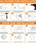 Illustration of Two Pack Magnetic Door Stop For Bottom Of Doors With Stainless Steel Construction, wall and door side installation steps