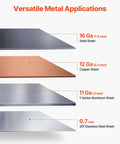 Various metal sheets for Box and Pan Brake 24 Inch Sheet Metal Bender, showing mild steel, copper, aluminum, and stainless steel thicknesses.