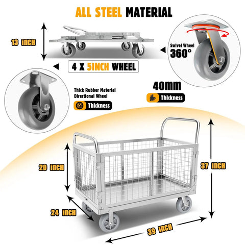 6-In-1 Foldable Flatbed Cart With Cage, Heavy-Duty Platform Truck And Dolly, Swivel Wheels, 2000 Pound Capacity, Multi-Purpose Hand Cart For Grocery, Laundry, Storage, Stall And More, Built Tough For Everyday Hauling with all steel frame and 5-inch wheels