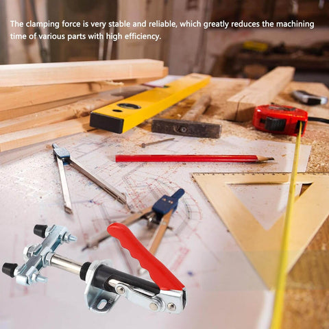 Beefy Pro Grade Heavy Duty Double Head Push Pull Toggle Clamp with red handle on woodworking table with tools.