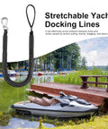 Elastic Dock Line With Metal Hook And Loop Ends 48 Inches for kayak mooring, shown near a wooden dock and jet ski.