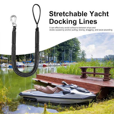 Elastic Dock Line With Metal Hook And Loop Ends 48 Inches for kayak mooring, shown near a wooden dock and jet ski.