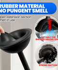 Hand holding plunger from Extended-Handle Toilet Brush And Plunger 4-Piece Set, showing rubber material and drain use inset images.