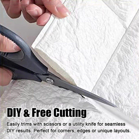 Top Shelf 3D Peel And Stick Ceiling Tiles 30 Pieces Soft PVC Foam Panels being cut with scissors for easy DIY installation.