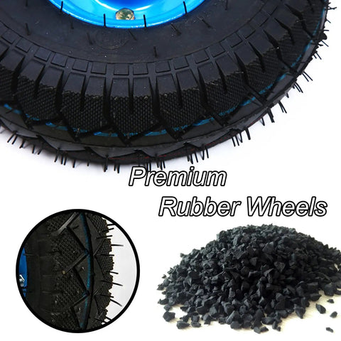 Two Pack Industrial Heavy Duty Casters Featuring Rock Solid Pneumatic Rubber Tires, 200mm tread detail and rubber crumb.