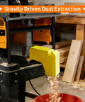 Table Saw Dust Collector Adapter for Gravity Powered Dust Collection with Easy Hook Attach DeWalt Compatible 2.05 Inch Inner Diameter in use.