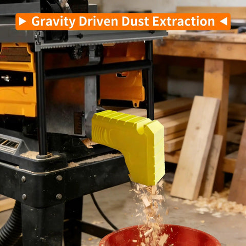 Table Saw Dust Collector Adapter for Gravity Powered Dust Collection with Easy Hook Attach DeWalt Compatible 2.05 Inch Inner Diameter in use.