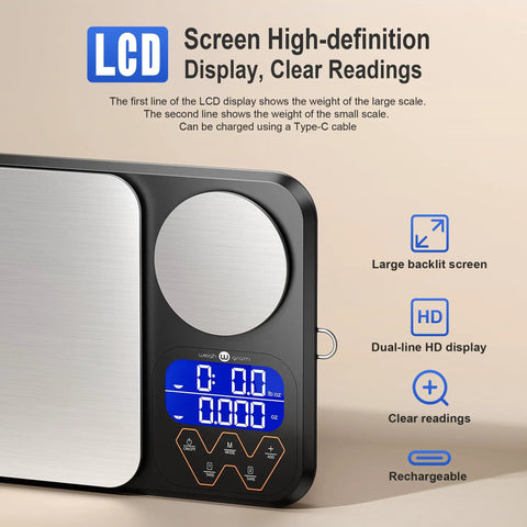 Dual Platform Kitchen Scale With 0.01g Precision And 5Kg Capacity Rechargeable Digital Scale for grams and ounces, LCD display.