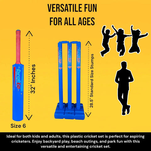 Size 6 Plastic Cricket Set Blue For Backyard And Beach Play This All In One Kit Comes With Bat Wind Ball Stumps And Non Striker Stump With Plastic Base Great For Kids And Adults
