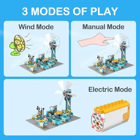 STEM Robot Building Kit With 570 Plus Pieces Motorized Farm Themed DIY Science Set shown in wind, manual, and electric modes