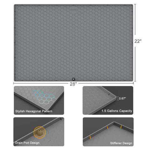 Under Sink Silicone Mat 28 By 22 Inch Waterproof Flexible Liner With Drain Hole Gray For Kitchen And Bathroom Cabinets Fits Most 30 Inch Cabinets Durable Spill Proof Protector No Fuss Cleanup
