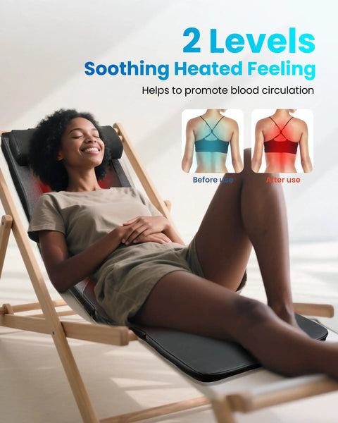 Woman relaxing on Full Body Massage Mat With Heat And Shiatsu Kneading For Deep Tissue Back Pain Relief, on a recliner