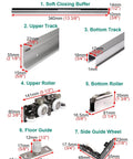 Complete hardware kit for trackless sliding door with soft close, includes upper track and rollers, supports 118 inch doors.