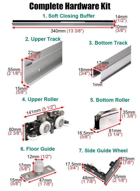 Complete hardware kit for trackless sliding door with soft close, includes upper track and rollers, supports 118 inch doors.