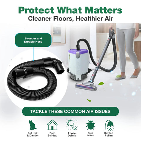 Static Dissipating Backpack Vacuum Hose With One And A Half Inch Cuffs Replacement For ProTeam Super Coach Vac Mode 6 And Other Models Part 103048 1 Pack Built To Last Seamless Fit High Quality Vacuum Accessory with vacuum in use.