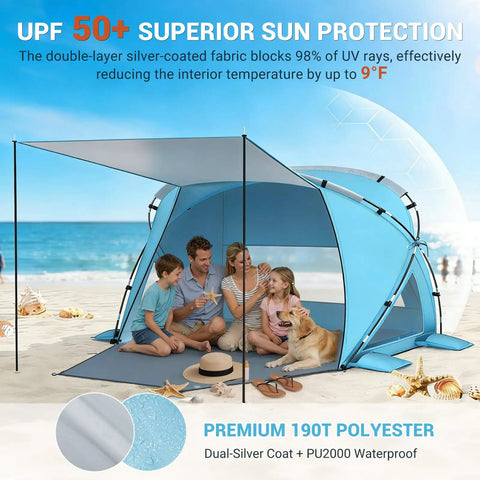 Pop Up Beach Tent With Extended Canopy For 4-6 People CumbreX Sun Shelter Easy Setup UPF 50 UV Protection beach family scene