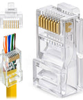 RJ45 Cat6 Pass Through Connectors Pack Of 100 Clear Ethernet Plugs For Unshielded Twisted Pair Solid Wire And Standard Cables