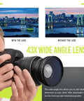 Person using Deluxe Lens Kit For Rebel DSLRs Packed With 58mm Filter Set, showing wide angle view comparison of cityscape.