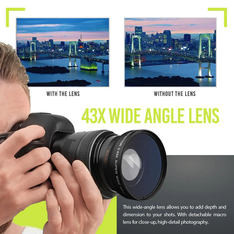 Person using Deluxe Lens Kit For Rebel DSLRs Packed With 58mm Filter Set, showing wide angle view comparison of cityscape.