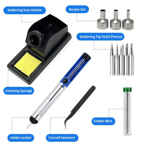 Do It All 2 In 1 Soldering And Hot Air Rework Station Kit with soldering holder, nozzle set, soldering tips, pump, tweezers, wire, sponge