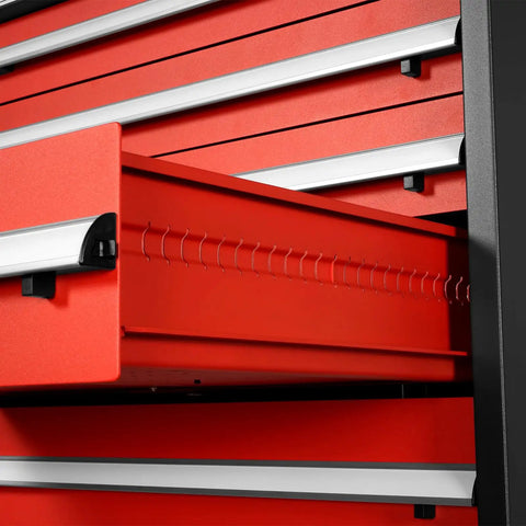 Close-up view of a red drawer from the Beefy Heavy Duty Modular Drawer Cabinet With 11 Drawers, showcasing industrial-grade steel construction.
