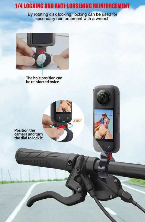 Motorcycle Handlebar Clip Mount With One Quarter Inch Screw For GoPro Cameras attached to bike handlebar