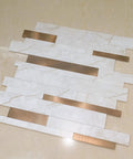 Peel And Stick Backsplash Tiles 10 Sheets Real Texture Marble White Copper Look Subway Style Aluminum PVC Wall Tiles for kitchens and bathrooms.