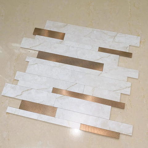 Peel And Stick Backsplash Tiles 10 Sheets Real Texture Marble White Copper Look Subway Style Aluminum PVC Wall Tiles for kitchens and bathrooms.