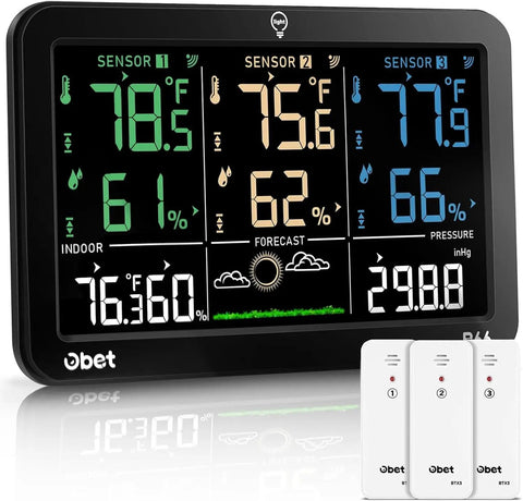 Weather Station With 3 Wireless Indoor Outdoor Sensors Color LCD Display Digital Thermometer And Humidity Monitor With Custom Alerts