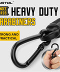Close-up of metal carabiner on Six Piece Heavy Duty Bungee Cords With Carabiners Set For Outdoor Gear And Camping