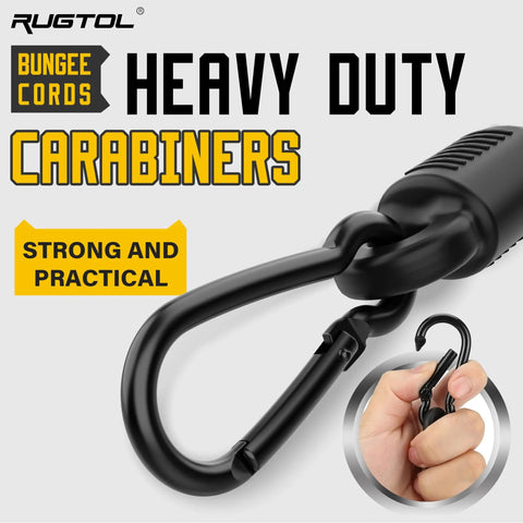 Close-up of metal carabiner on Six Piece Heavy Duty Bungee Cords With Carabiners Set For Outdoor Gear And Camping