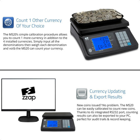 MS20 Coin Counting Scale For Cash And Currency with digital display and coins, shown with currency updating feature on screen