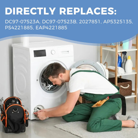 Technician using Samsung Dryer Repair Kit With DC97-16782A Drum Roller Assembly on Samsung dryer model DV45H7000EW A2