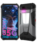 Kickback 5G Rugged Projector Phone 6.78-Inch AMOLED Screen showcases durable design with 24GB RAM and unique lighting features.